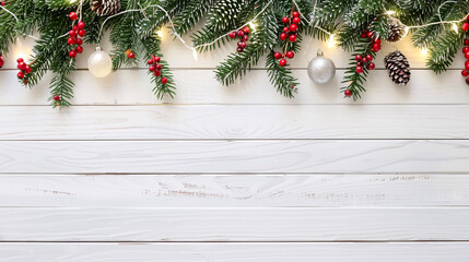 Festive white wooden background with garland