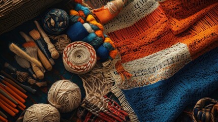 The Dutch flag artistically arranged with traditional crafts and textiles, celebrating culture,