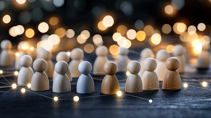 Wooden figures symbolize connections in business and social interactions against a gray and green background