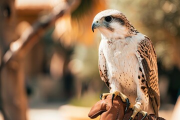 White and Beige Falcon perched on leather glove Falconry is hunting with trained bird of prey