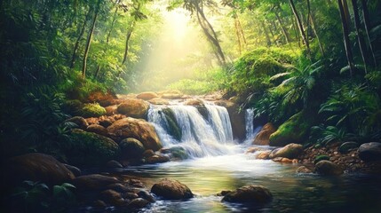 Serene Waterfall in Lush Rainforest