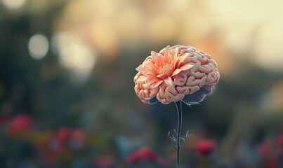 A creative concept depicting a brain as a flower, symbolizing growth, knowledge, and innovation in a blurred background