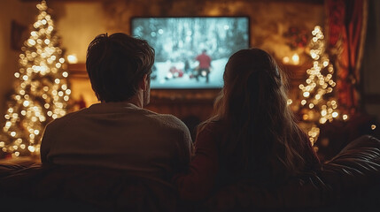 Fototapeta premium A couple is sitting on a couch watching tv at home in a cozy, Christmas living room in evening