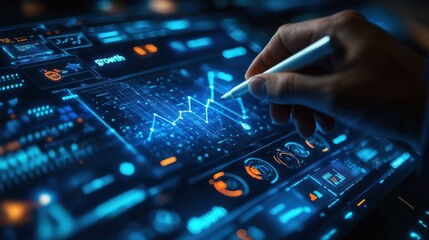 Business professional analyzing stock market data with a digital pen, technology-driven financial analysis, investment strategy, economic trends, digital stock charts, futuristic interface, financial 