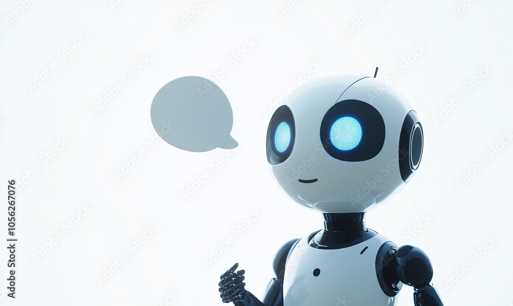 Poster a delightful chatbot character complete with a speech bubble stands out against a white background