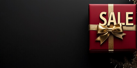 A vivid red gift box with a gold bow and bold SALE letters, ideal for festive shopping excitement