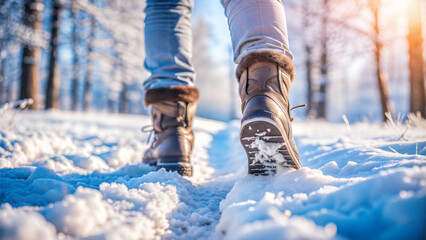 Close-Up of Winter Boots on Snowy Ground in Sunlit Winter Forest Landscape