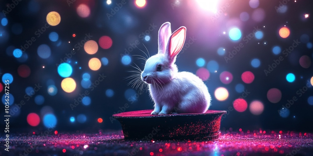 Poster a cute white rabbit sits elegantly on a black top hat. the background is vibrant with colorful bokeh