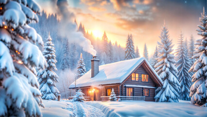 Fototapeta premium Snowy Wooden Cabin in Winter Forest with Warm Lights and Snow-Covered Trees