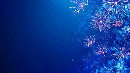 Fototapeta premium Fireworks colorful explosions on blue, festive background with copy space