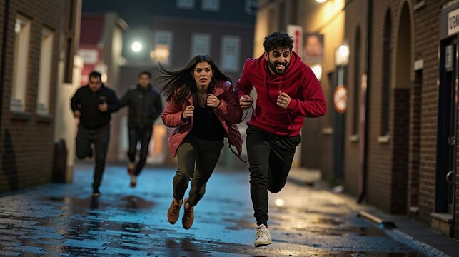 A group of people running down a city street at night