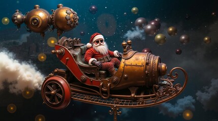 A santa claus is sitting in a sleigh with a lot of balloons