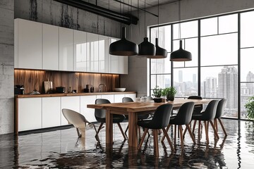 Modern kitchen with flooded floor and large windows overlooking a cityscape in daylight