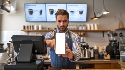 A man in a blue apron is holding a white cell phone in front of a cash register. He is likely a cashier or a store employee, and he is showing the phone to a customer or another employee