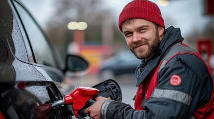 Fototapeta premium Smiling gas station attendant in uniform holding fuel nozzle while refueling a car at a petrol station, automotive service, customer care, energy industry