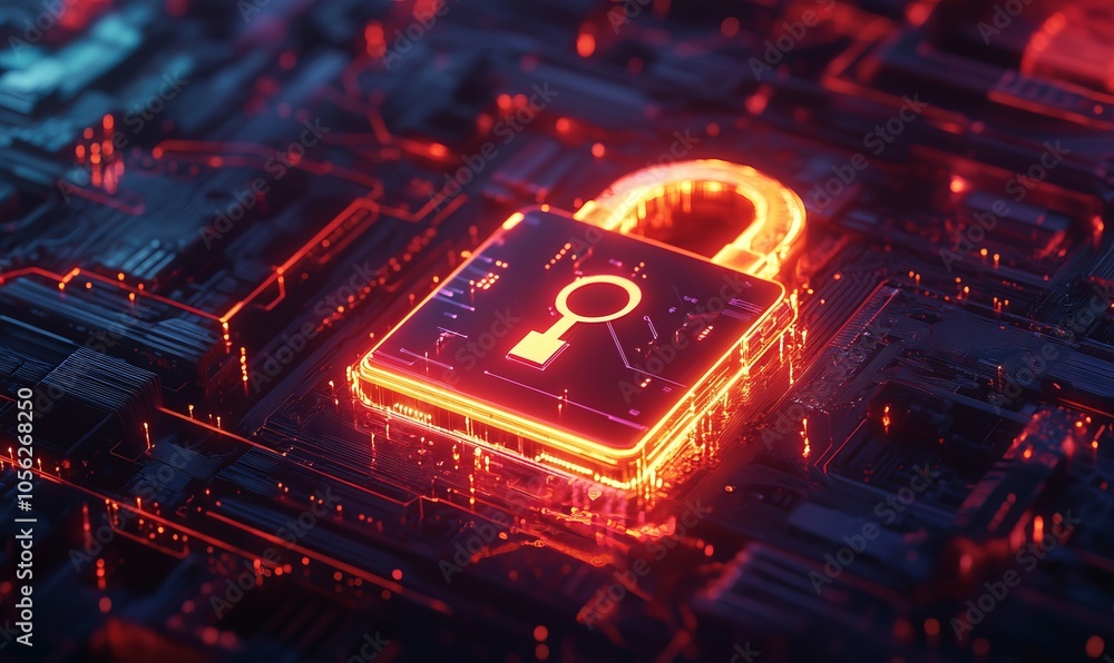 Poster a glowing digital padlock symbolizing cybersecurity and data protection on a futuristic circuit back