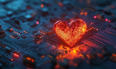 A glowing heart symbol placed on a circuit board, blending technology and emotion in a captivating digital scene