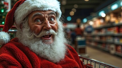 A man dressed as Santa Claus sitting in a shopping cart