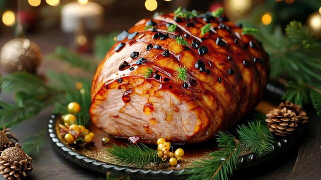 Glazing a Christmas ham with a sweet and savory mixture, surrounded by fresh pine branches and holiday decor. . Video