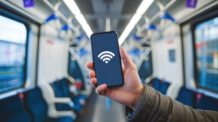 A person is holding a cell phone in a train car with a wifi symbol on the screen. Concept of connectivity and modern technology