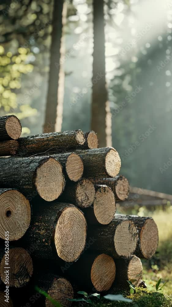 Poster camera moving right showing stacked logs in forest