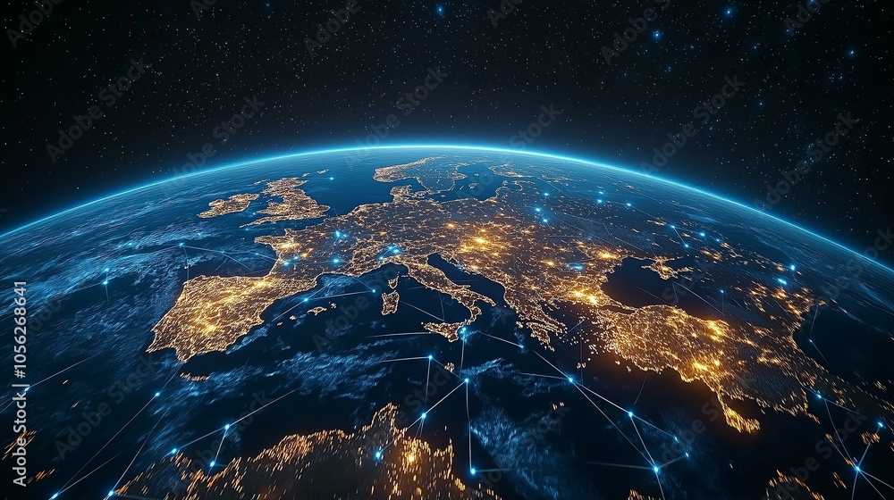 Aufkleber digital globe with network connections over a cityscape, representing global communication and cyber