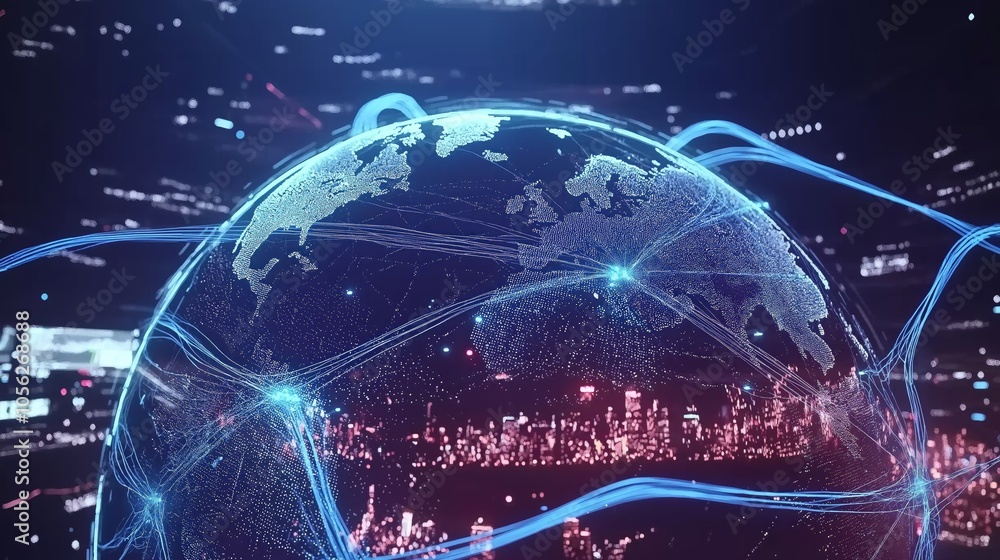 Poster Connected global Citys with Blue Network Arcs Representing Digital Technology and Global Communication, Generative AI