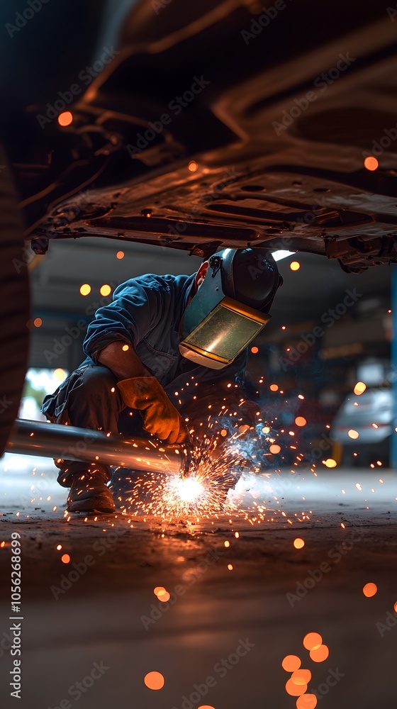 Poster a welder working under a vehicle, creating sparks in a workshop setting.