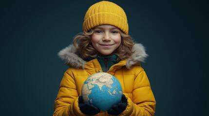 Naklejka premium Smiling Child in Yellow Coat Holding Globe, Representing Environmental Awareness, Global Responsibility, and Future Generations, Generative AI