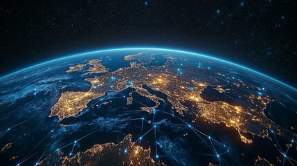  Digital Globe with Network Connections Over a Cityscape, Representing Global Communication and Cyber Technology, Generative AI