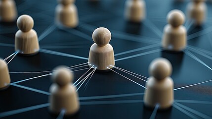 Wooden figures connected by black lines illustrate the concept of social and business networking against a vibrant blue background