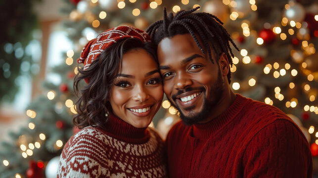 A man and woman standing in front of a christmas tree - Powered by Adobe