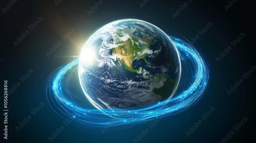 Poster connected globe with blue network lines over north america, symbolizing global communication and dig