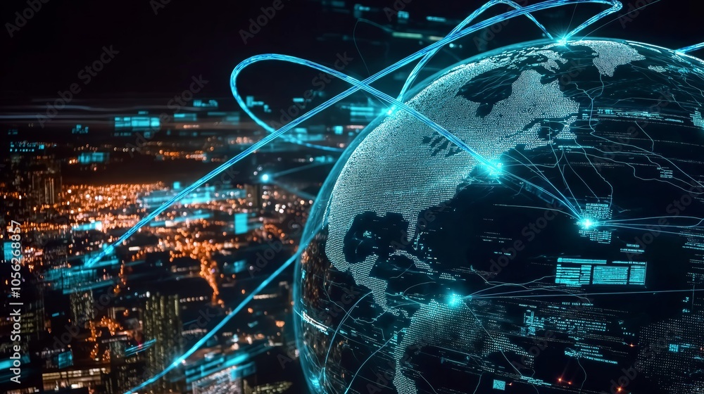 Aufkleber  Digital Globe with Network Connections Over a Cityscape, Representing Global Communication and Cyber Technology, Generative AI