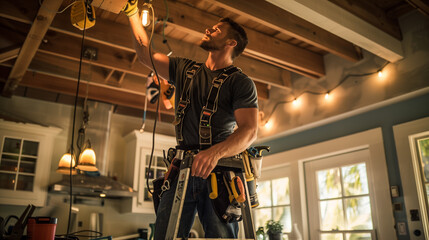 Electrician installing ceiling lighting in a home setting, standing on a ladder. A focus on professional electrical work and safety. 