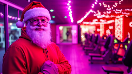 Fototapeta premium A man dressed as Santa Claus standing in front of a row of chairs