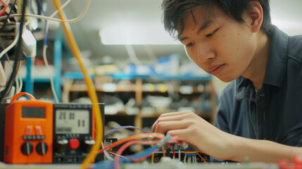 Focused Asian technician conducting detailed circuit analysis with a multimeter in a lab setting. Ideal for electrical work, lab, and technology themes.