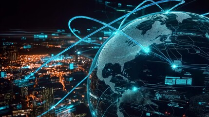  Digital Globe with Network Connections Over a Cityscape, Representing Global Communication and Cyber Technology, Generative AI