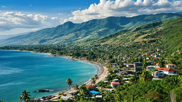A coastal town nestled between lush green mountains and a blue ocean on a sunny day