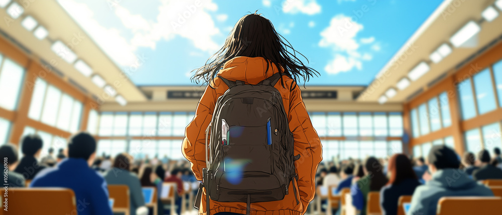 Poster girl with backpack stands in sunlit classroom, facing crowd of students, creating dynamic and hopefu