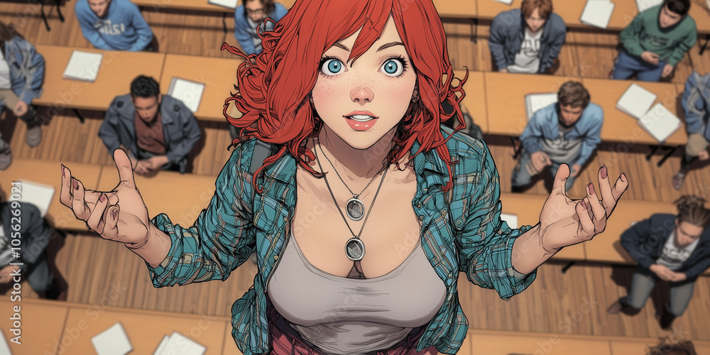 Poster red haired college girl in dynamic pose stands in lecture hall, surrounded by students. Her expression is curious and engaging, capturing lively atmosphere of classroom
