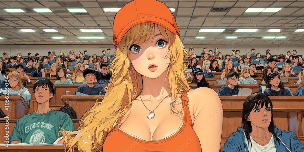 Poster college girl in orange cap and tank top stands out in crowded lecture hall, capturing attention with