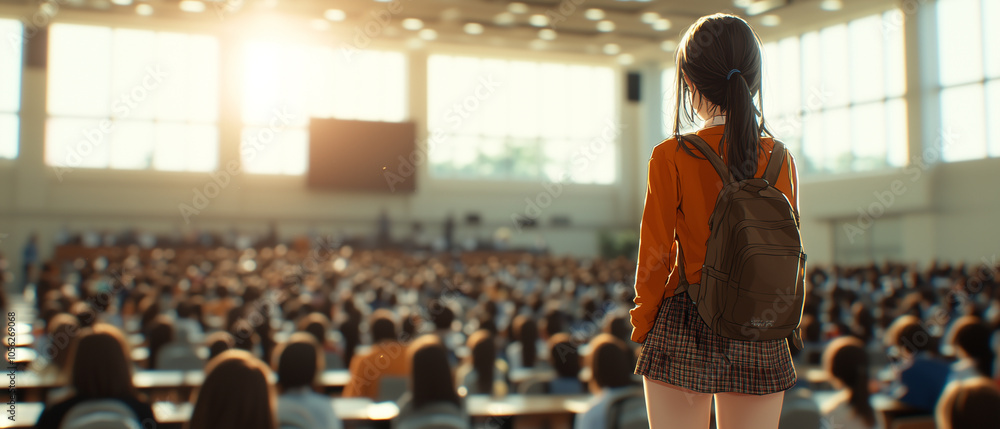 Aufkleber college girl with backpack stands in large lecture hall, gazing at crowd of students as sunlight streams through windows, creating dynamic and inspiring atmosphere