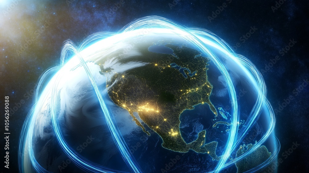 Poster connected globe with blue network lines over north america, symbolizing global communication and dig