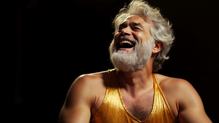 A man with a white beard and a gold tank top laughing