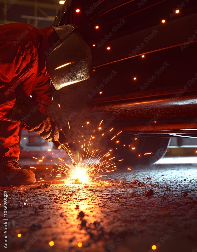 Poster a welder works on a vehicle, creating sparks in a workshop environment.
