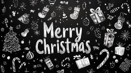Merry Christmas lettering on blackboard with festive doodles, including trees, gifts, and ornaments, creating joyful holiday atmosphere