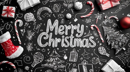 Merry Christmas chalk lettering on blackboard surrounded by festive decorations, including gifts, candy canes, and Christmas trees, creating joyful holiday atmosphere