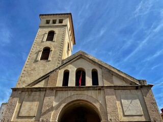 Panoramic view of an old church in Mazagan, El Jadida, Morocco at sunset. The City Wall around the old city. It is a Portuguese Fortified Port City registered as a UNESCO World Heritage Site.