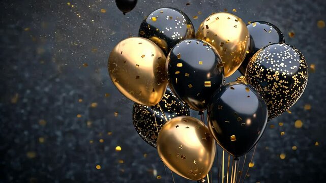 An elegant arrangement of black and gold balloons with golden confetti raining down, set against a dark background to create a festive and stylish tone. Video
